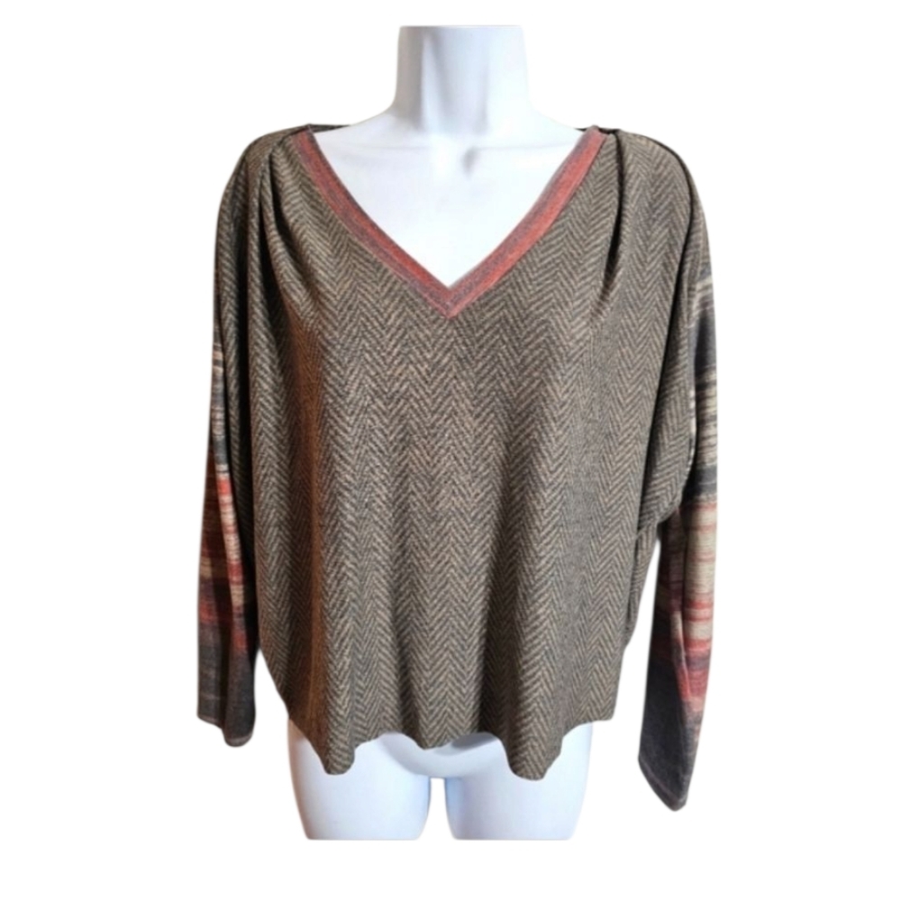 Capote Women’s Small Cropped Top Brown Houndstooth V Neck Boho Layering Fall - Picture 2 of 7